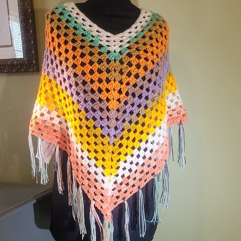 Colorful Hand Crochet Poncho with Fringe By Grey Dove Creations, New With Tag